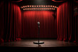 Stage with red curtains, microphone and spotlight.. Theatre, cabaret or comedy show or opera music concert club, standup scene. Beginning of the show adult entertainment advertisement. Generative AI