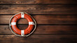 a red life preserver on a wood background. Generative AI