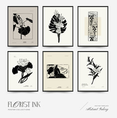 Wall Mural - Abstract floral posters template. Modern Botanical trendy black style. Vintage flowers. Ink wall  art.