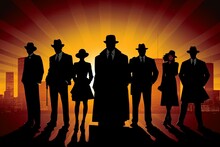 Illustration Silhouettes Of Gangsters Against A Backdrop Of A Cityscape At Dusk, Evoking The Atmosphere Of The Prohibition Era. Generative AI