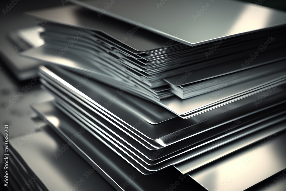 Metal Stack Template Sheets of metal in a stack in a warehouse. Stainless steel sheets on ...