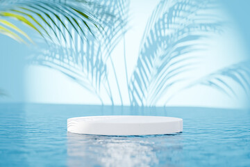 Poster - 3d podium with copy space for product display presentation on palm beach and blue sky background. tr