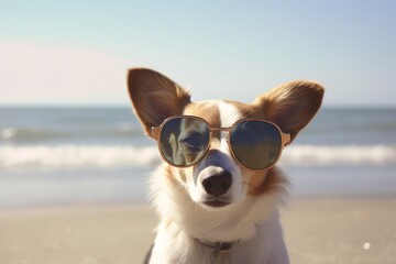 Wall Mural - a dog lounging on a beach while wearing sunglasses, not far from the water Generative AI