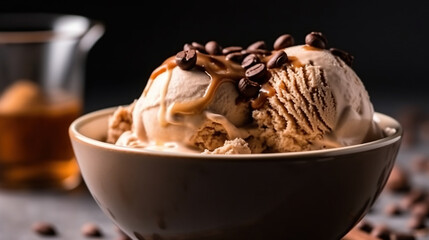 Wall Mural - Bowl of delicious coffee ice cream with caramel topping and chocolate. Generative AI and digital editing.