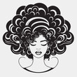 African pretty woman with afro and bun hairstyle portrait. Silhouette on white background. Vector.