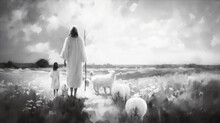 Illustration Of Jesus Christ And Sheep And Happy Children Walking In A Peaceful And Beautiful Flower Field, Oil Painting On Canvas, Generative AI
