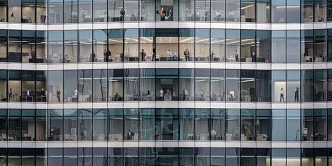 Outside view of office building many window with business people working inside. Generative AI AIG18.