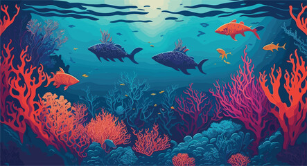 Wall Mural - vector style background image that captures the essence of underwater life, combining intricate coral reefs, vibrant marine creatures, and shimmering rays of light filtering through the ocean depths.