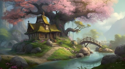Wall Mural - a picture of a quaint cottage nestled next to a river. Generative AI