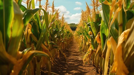 Corn cobs in corn plantation field background, illustration for product presentation template, copy space. Ai generative