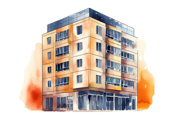 Wall Mural - Watercolor modern building architecture city skyscraper isolated on clear png background, architecture office work, business building, with Generative Ai.