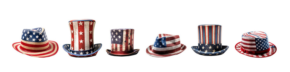 Wall Mural - Set of patriotic hats with american US flag colors, 4th of July Independence day celebration, isolated on transparent background, png file