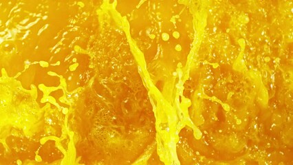 Poster - Super Slow Motion of Splashing Orange Juice. Filmed on High Speed Cinema Camera, 1000 fps. Abstract Liquid Background. Speed Ramp Effect.