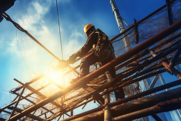 Wall Mural - construction engineer worker at heights,architecture sci-fi construction working platform on top of building, suspended cables, fall protection and scaffolding installation.