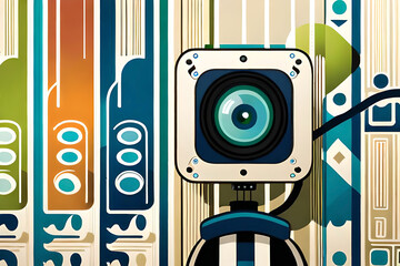 Wall Mural - A simple and elegant World Photography Day banner with a camera icon in the center, surrounded by different geometric shapes and patterns in various shades of blue and green