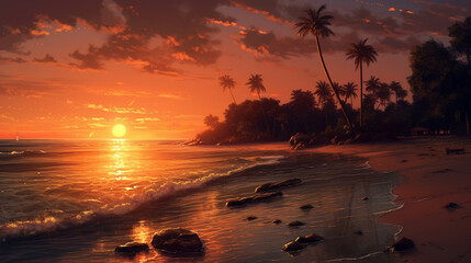 Poster - Beautiful seascape at sunrise. Beautiful beach and tropical sea under while orange sunset with clouds.  Beautiful summer seascape. Composition of nature.  Travel and  holiday concept. AI generated.