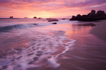 Poster - Beautiful seascape at sunrise.  Beautiful beach and tropical sea under while purple sunset with clouds.  Beautiful summer seascape. Composition of nature.  Travel and  holiday concept. AI generated.