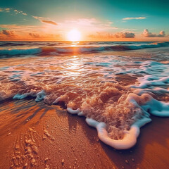 Poster - Beautiful seascape at sunrise. Beautiful beach and tropical sea under while orange sunset with clouds.  Beautiful summer seascape. Composition of nature.  Travel and  holiday concept. AI generated.