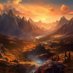 Poster - Mountains in the clouds at sunset. Beautiful mountains while orange sunset with clouds in sky.  Mountains tops. Wild nature, AI generated. Beautiful landscape with sun and clouds. 3d illustration.