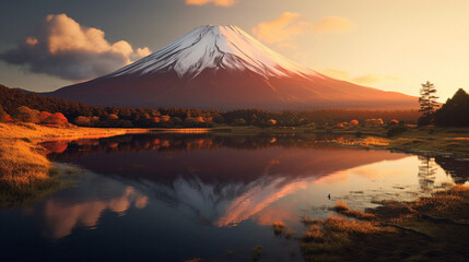 Poster - Mount Fuji and lake Kawaguchiko at sunset, Japan. Beautiful colorful landscape with mountains and river at sunrise. Beautiful Fantasy landscape with mountain lake and forest at sunset.  AI generated.