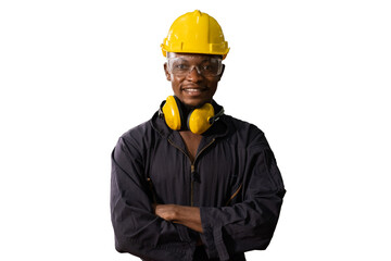 African American engineer or worker crossing his arms and smiling on white background. Professional Heavy Industry engineer or worker Wearing Uniform, Glasses and Hard Hat on white background.