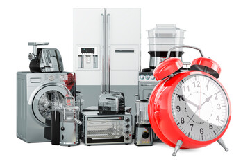 Poster - Kitchen and home appliance with alarm clock, 3D rendering