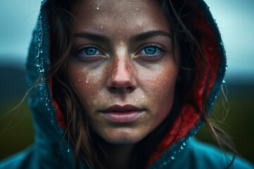 Sticker - AI generated close up portrait of a young woman standing outdoors in the rain in camping scene