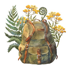 watercolor illustration of vintage backpack with yellow flowers and green fern. hand drawn of hiking