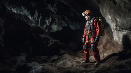 Rescue worker in a cave. Generative AI