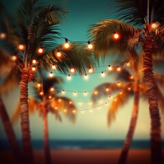 Summer night beach party background. Illustration AI Generative.