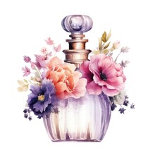 Watercolor Perfume Bottle With Flowers. Illustration AI Generative.