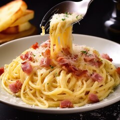 Wall Mural - Carbonara, Roman pasta dish made with eggs, hard cheese, cured pork, and black pepper.