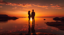 Couple Holding Hands Watching The Sunset On Beach. Romantic Scene. Generative Ai