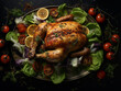 succulento pollo arrosto su piatto di legno con verdure insalata e pomodori, ideale per menu e blog di cibo, creato con ai