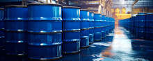 Blue Barrel Drum On The Pallets Contain Liquid Chemical In Warehouse Prepare For Delivery To Customer By Made To Order. Manufacture Of Chemicals Production. Oil And Chemical Industrial Works Concept. 