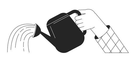 Poster - Hand holding watering can bw vector spot illustration. Plant waterer 2D cartoon flat line monochromatic first view hand for web UI design. Pouring water editable isolated outline hero image
