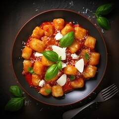 Wall Mural - An image of a delicious plate of gnocchi topped with a rich, sauce, garnished with fresh basil leaves and grated Parmesan cheese. 