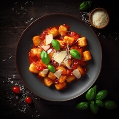 Wall Mural - An image of a delicious plate of gnocchi topped with a rich, sauce, garnished with fresh basil leaves and grated Parmesan cheese. 