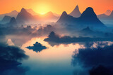 Fototapeta Krajobraz - Serene Morning Reflections: A Glimpse of Chinese Paradise. Generative AI