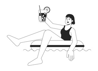 Poster - Swimsuit woman in inflatable ring bw vector spot illustration. Holiday girl 2D cartoon flat line monochromatic character for web UI design. Swimming pool fun editable isolated outline hero image
