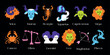 Astrological zodiac signs. Aries, Taurus, Leo, Gemini, Virgo, Scorpio, Libra, Aquarius, Sagittarius, Pisces, Capricorn, Cancer Symbols. Constellations. Vector illustration isolated on background