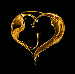 Olive or engine oil splashes in the shape of a heart isolated on a black background