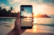 © bluebeat76 - Picture of mans hand holding smartphone with beautiful picture on screen. Tropical beach with palms white sand and turquose water. Generative AI