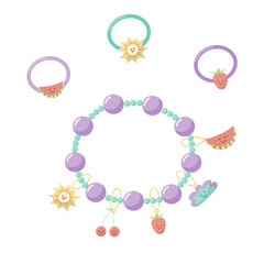 Collection of vector jewelry and children's ornaments. Bracelet made of handmade plastic beads with pendants in the summer style of the sun, cherry, arbus, strawberry, cloud. Fashion colorful rings.