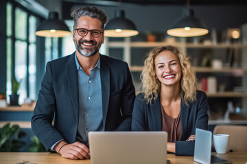 A team of professionals, both men and women in a modern office, showcasing their enthusiasm and camaraderie as they pose for a group photo while working on laptops. generative AI.