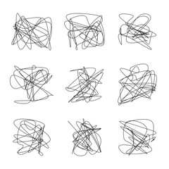 Wall Mural - Set of scribble chaotic lines. Hand drawing insane tangled scribble clew. Vector icon isolated on white background.