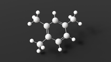 Poster - pseudocumene molecule, molecular structure, 1.2.4-trimethylbenzene, ball and stick 3d model, structural chemical formula with colored atoms