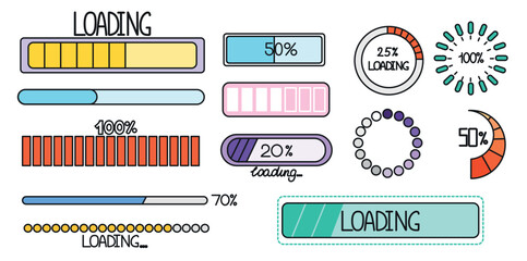Fototapete - Loading progress bar icons in doodle style. Hand drawing loader button and updated progress circle. Upload status collection, percent done indicator or download round process. User interface design.