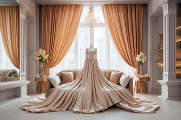 Wall Mural - Elegant woman's wedding dress in the clothing store. Super photo realistic background, generative ai illustration