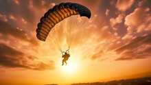 Man Jumps With Parachute At Sunset With Generative AI.